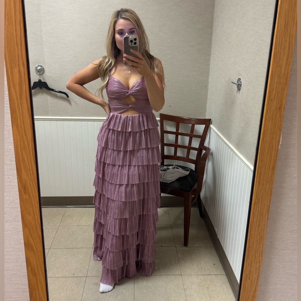 Gianni Bini Elegant Mauve Pink Purple Metallic Tiered Maxi Dress - Picture 9 of 11